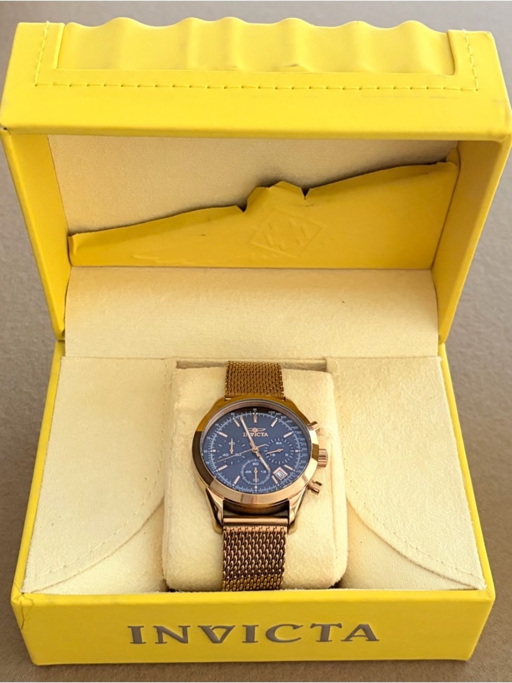 Invicta Rose Gold Mesh Chronograph Watch with Blue Dial